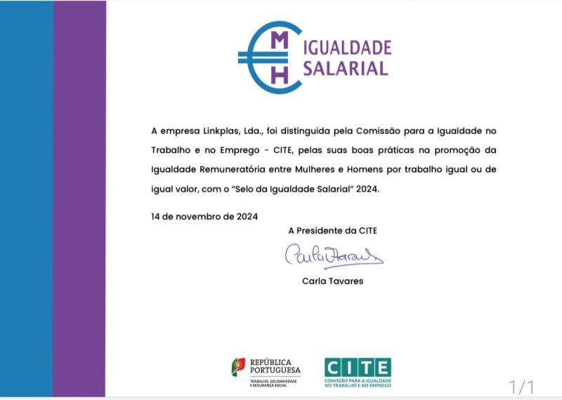 Selo Igualdade Salarial atribuído à LinkPlas