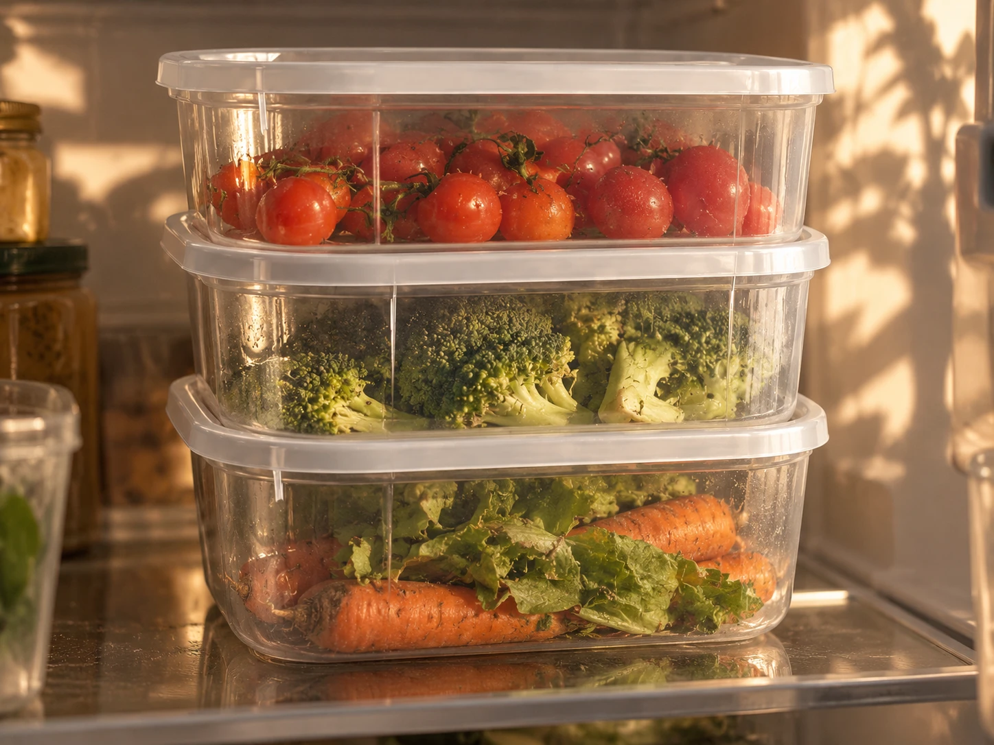 Três recipientes TupperLink transparentes empilhados no frigorífico, com tomate cherry, brócolos e cenouras