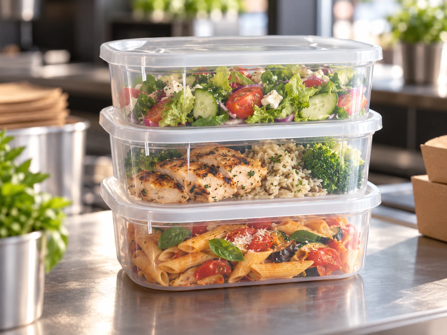 Três recipientes TupperLink transparentes empilhados num balcão, com salada, frango com arroz e massa